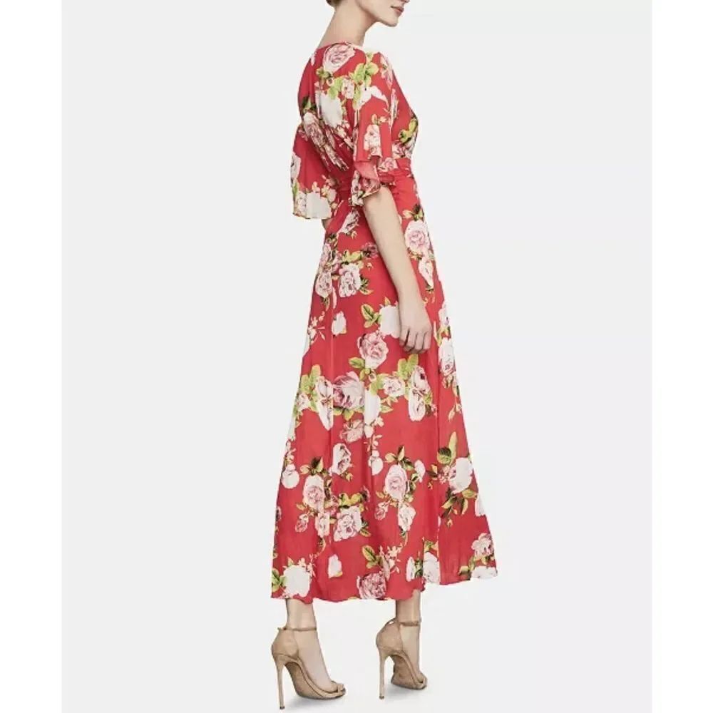 NWT BCBGMAXAZRIA Scarlet Rose Bloom Kimono Deep V Maxi Dress Women’s 6/S